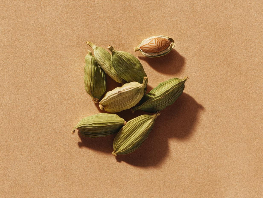 Cardamom pods against a tan solid background