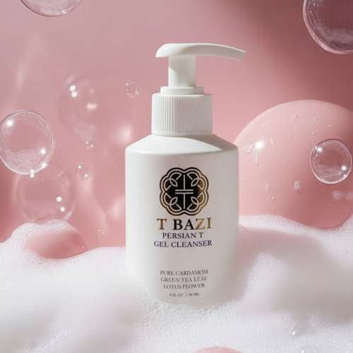 T BAZI Persian T Gel Cleanser bottle with bubbles on a pink background