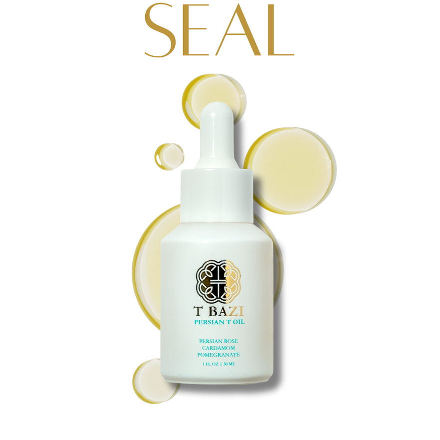 A white dropper bottle of T Bazi Persian Oil centered on a white background, surrounded by translucent golden oil droplets, with the word 'SEAL' in gold at the top.