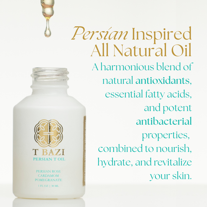 A white bottle of T Bazi Persian T Oil with a gold logo, shown next to descriptive text on a light background with a gold dropper above.