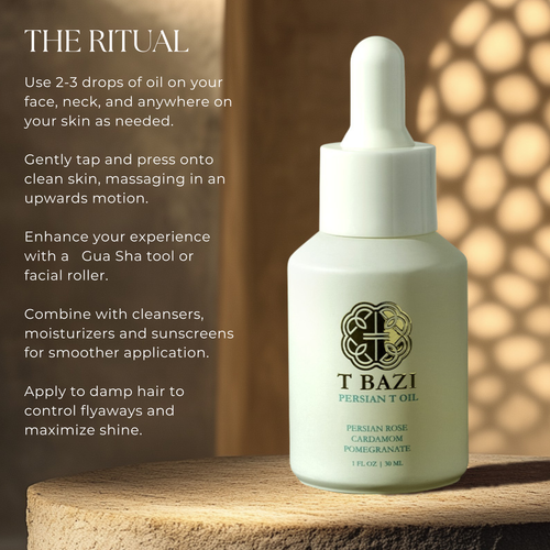 A bottle of T Bazi Persian T Oil with a white dropper cap and pale green body, displayed on a wooden surface next to descriptive text on a warm brown background with bokeh light patterns.