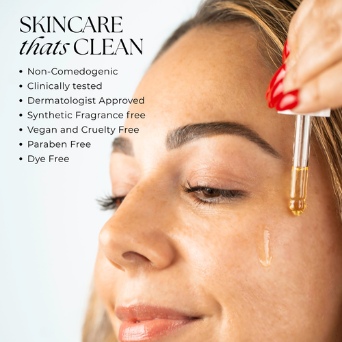 Close-up of a woman's face with a gold-tipped dropper applying a clear skincare serum, with text on the left reading 'SKINCARE THAT'S CLEAN' and bullet points about non-comedogenic, clinically tested, fragrance-free, and other clean attributes.