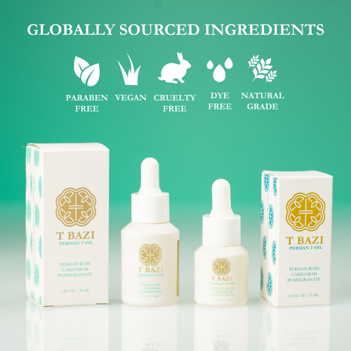 T Bazi Persian Rose Carromate Powder Paste and Persian T Oil set against a teal gradient background with white text highlighting key product attributes like 'Paraben Free', 'Vegan', and 'Cruelty Free'.