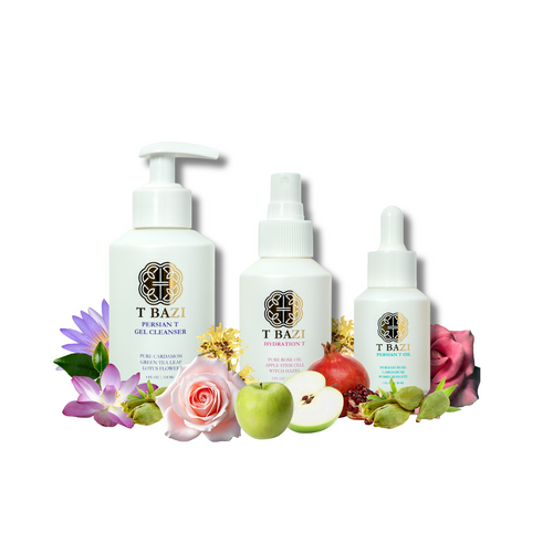 T Bazi 3-Step Radiance Ritual set: Persian T Gel Cleanser, Hydration T and Persian T Oil with rose, pomegranate and green apple