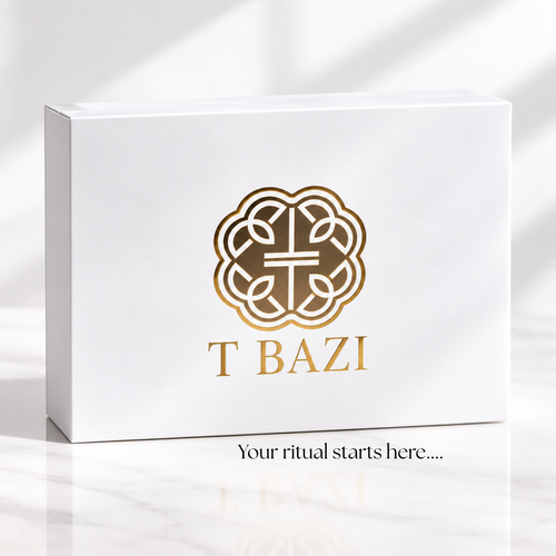White T Bazi gift box with gold logo reading Your ritual starts here