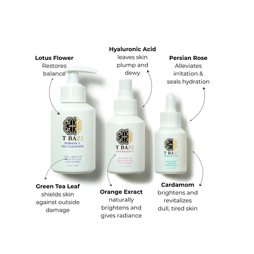 3-Step Radiance Ritual key ingredients: lotus flower, green tea leaf, hyaluronic acid, orange extract, Persian rose and cardamom