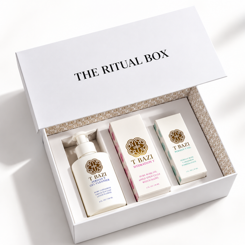 Open T Bazi Ritual Box with the cleanser, Hydration T and Persian T Oil boxes inside