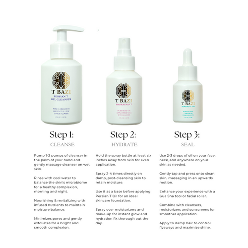 How to use the 3-step Persian skincare ritual: Step 1 cleanse, Step 2 hydrate, Step 3 seal with Persian T Oil