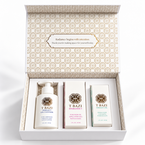 T Bazi 3-Step Radiance Ritual gift box with Persian pattern lid, opened to show all three products