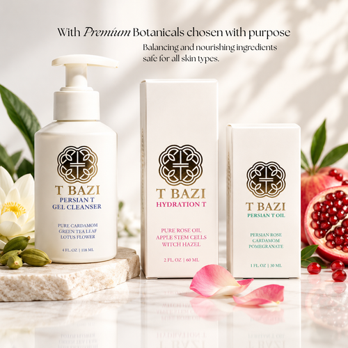 T Bazi gel cleanser, Hydration T and Persian T Oil with boxes, pomegranate, cardamom and rose petals