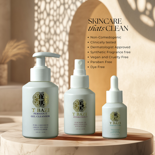 T Bazi cleanser, Hydration T mist and Persian T Oil on a stone pedestal: vegan, cruelty-free, paraben-free