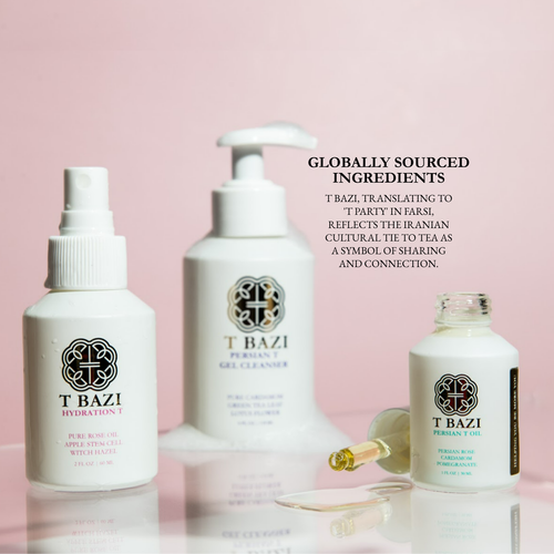 T Bazi three-step skincare set on a pink background; T Bazi means tea party in Farsi