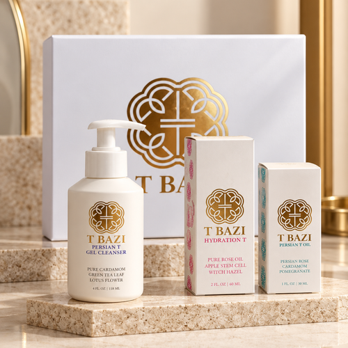 T Bazi Persian skincare ritual products and boxes in front of the gold-logo gift box