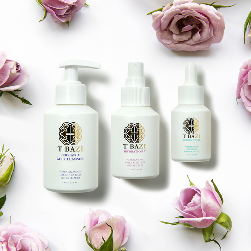 T Bazi gel cleanser, Hydration T and Persian T Oil surrounded by pink roses