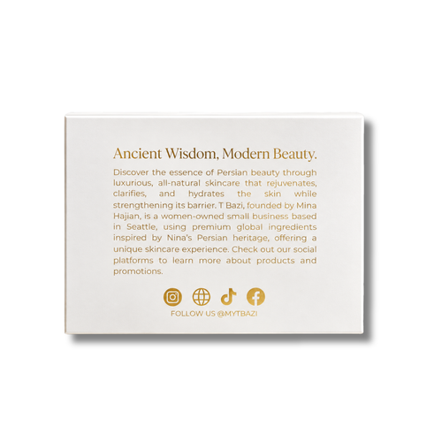 T Bazi card: Ancient Wisdom, Modern Beauty, women-owned Persian skincare founded by Nina Hajian