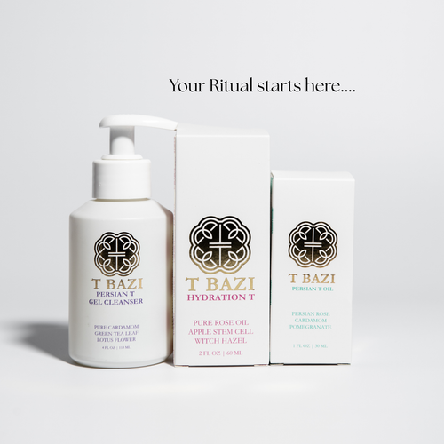 T Bazi 3-step set with boxes under the words Your ritual starts here