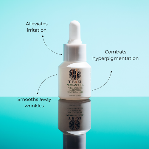 A white T Bazi Persian Oil serum dropper bottle centered on a reflective surface against a light blue gradient background. Black text callouts surround the bottle: 'Alleviates irritation' on the left, 'Combats hyperpigmentation' on the right, and 'Smooths away wrinkles' below it.