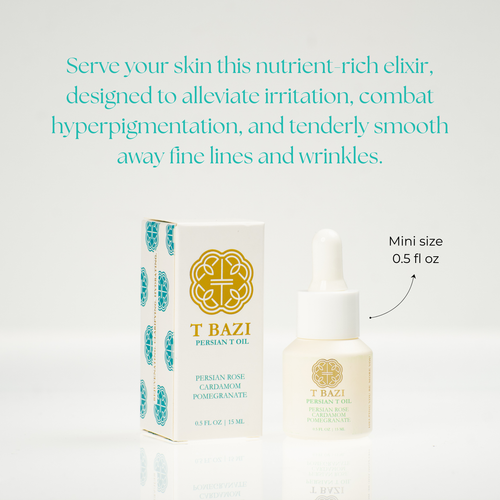T Bazi Persian Rose Cordiorum & Pomegranate eye cream shown with its white and gold packaging box and a small dropper bottle. Teal promotional text above describes the skincare benefits, and a callout indicates the mini size is 0.