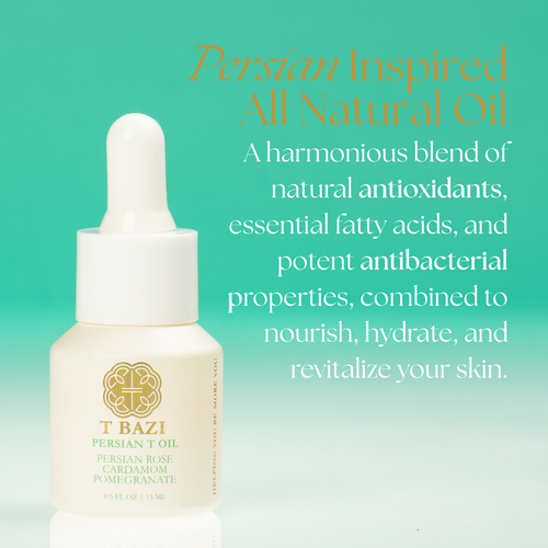 A bottle of T BAZI Persian T Oil serum with a white dropper cap, set against a teal gradient background with promotional text about its natural ingredients.