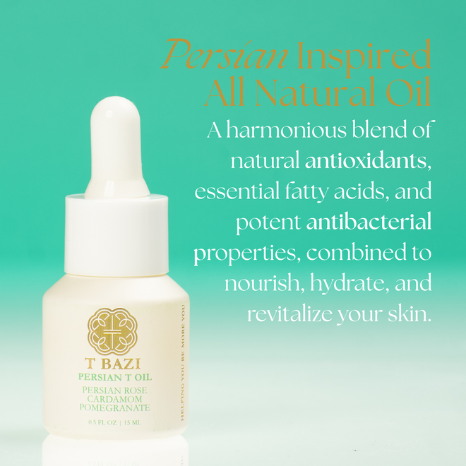 A bottle of T BAZI Persian T Oil serum with a white dropper cap, set against a teal gradient background with promotional text about its natural ingredients.