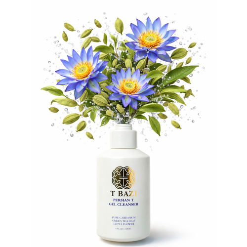 T Bazi Persian T Gel Cleanser with blue flowers and green leaves on a white background