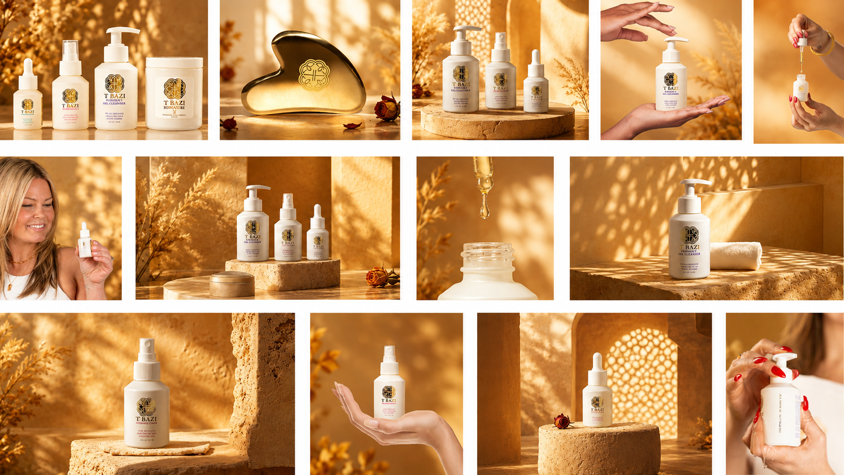A collage of warm-toned product photos showing a white skincare or cosmetic bottle with pump and dropper tops, alongside a gold heart-shaped stone, dried grasses, and hands holding the product in a sunlit rustic setting.