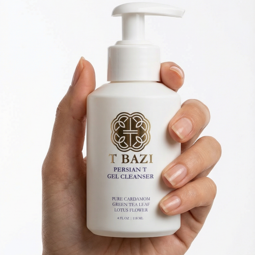 Hand holding a bottle of T BAZI Persian T Gel Cleanser against a white background