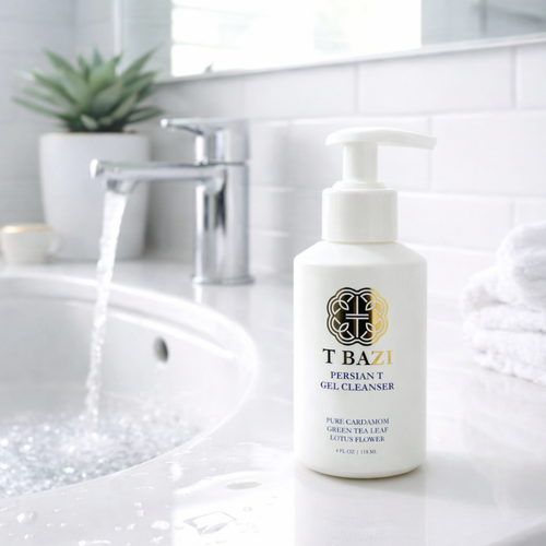 T Bazi gel cleanser bottle on a bathroom counter with a sink and mirror in the background.