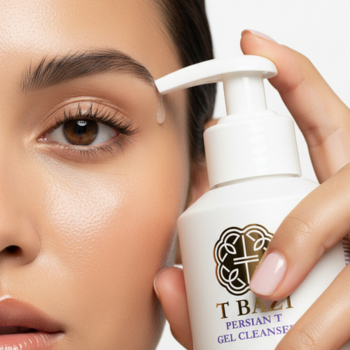 Person applying a skincare product to their face with a bottle labeled 'TBAZI'.