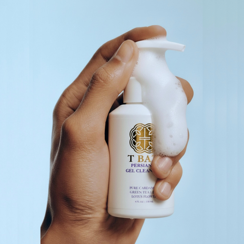 Hand holding a bottle of T Bar Persian Gel Clean with a light blue background