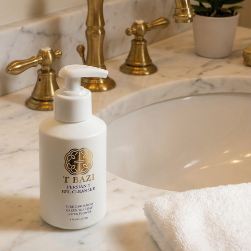 T Bazi Persian T Gel Cleanser bottle on a marble countertop with gold faucet and white towel.