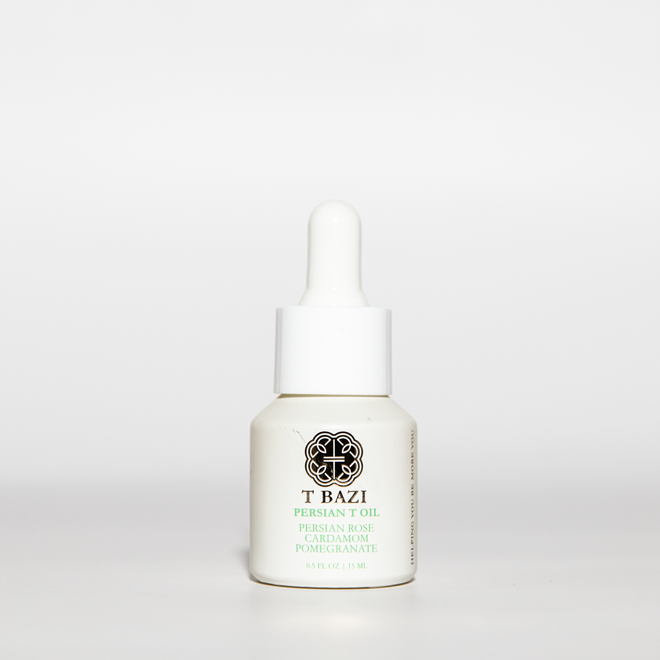 T BAZI skincare oil bottle on a white background