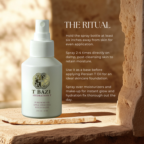A white spray bottle labeled T Bazi Hydration T is displayed on a stone surface beside text describing a skincare ritual. The scene uses warm stone textures and natural light, with the product centered-left and the explanatory copy to the right.