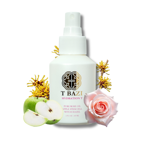 A white pump bottle labeled T BAZI Hydration T, surrounded by decorative botanical elements including a pink rose, sliced green apple, and yellow flowers on a plain white background.