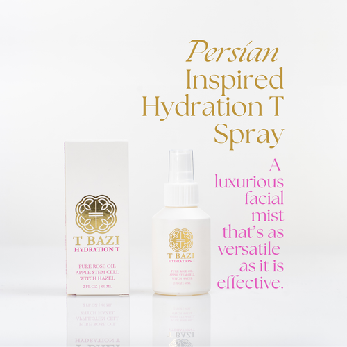 T Bazi Persian Inspired Hydration T Spray bottle and its packaging box on a white background with gold and pink promotional text.