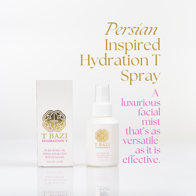 T Bazi Persian Inspired Hydration T Spray bottle and its packaging box on a white background with gold and pink promotional text.
