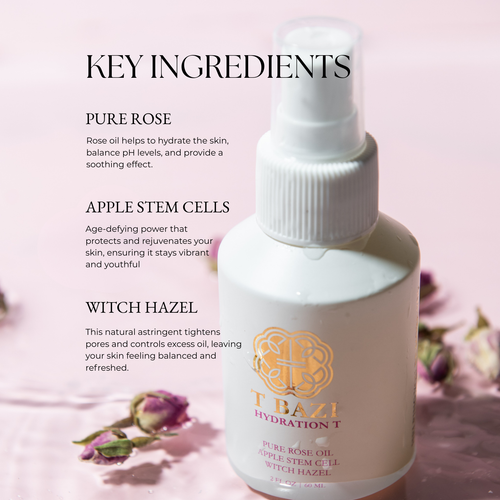 A white pump bottle labeled TBAZI Pure Rosei Oil with Apple Stem Cells and Witch Hazel, set against a soft pink background with decorative flowers and text detailing key ingredients.