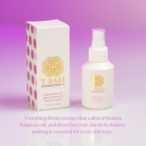 T Bazi Hydration T pure rose oil bottle and its white packaging box with gold logo, set against a purple gradient background with descriptive text at the bottom.