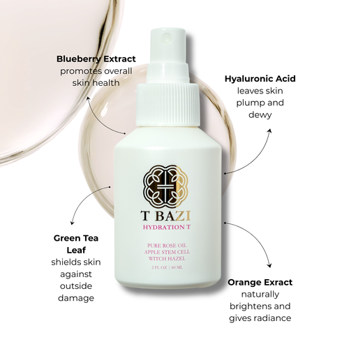 A white pump bottle labeled T BAZI Hydration T centered on a light beige background with decorative curved cream-colored shapes. Surrounding callout text highlights ingredients: Blueberry Extract, Hyaluronic Acid, Green Tea Leaf, and Orange Extract.