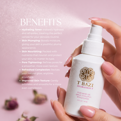 A hand holds a white T Bazi Hydration T facial toning bottle against a soft pink background with text detailing the product's benefits.