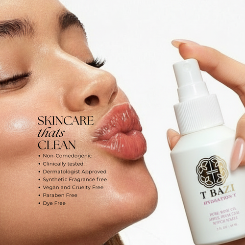 A close-up of a woman's face with lips parted, holding a white spray bottle of T BAZI Hydration-T pure body cleanser. Text on the left lists skincare benefits, set against a clean white background.