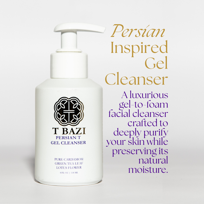 T Bazi Persian Inspired Gel Cleanser bottle on a light gray background with descriptive text. The bottle is white with a pump dispenser and features a black logo and text.