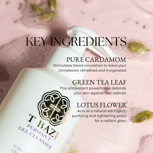 A bottle of T Bazi Pure Santal Gel Cleanser shown on a pink textured background with text highlighting key ingredients: pure cardamom, green tea leaf, and lotus flower.