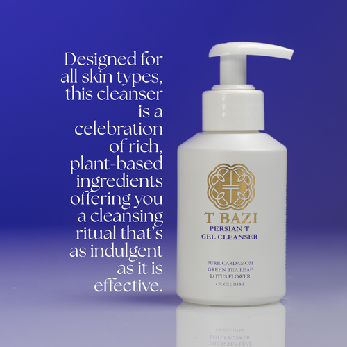 A white pump bottle of T Bazi Persian T Gel Cleanser with gold and blue text, set against a blue gradient background with white descriptive text on the left.