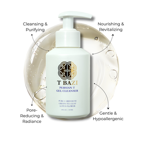 T Bazi Perian T Gel Cleanser in a white pump bottle, shown with a clear gel ring and text callouts describing its cleansing, nourishing, pore-reducing, and gentle properties.