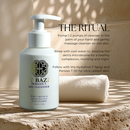 A bottle of TBAZI Persian T Gel Cleanser with a pump dispenser, set against a warm, textured beige background with a rolled towel and descriptive text overlay detailing a cleansing ritual.