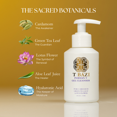 A white pump bottle of T Bazi Persian Gel Cleanser on a warm gold background, with text listing ingredients: Cardamom, Green Tea Leaf, Lotus Flower, Aloe Leaf Juice, and Hyaluronic Acid, each with a small ingredient icon.
