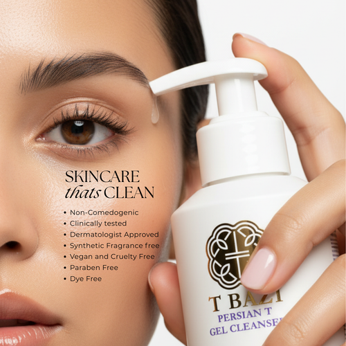A close-up of a woman's face and hand holding a white pump bottle of T Bazi Persian T Gel Cleanser, with a list of skincare benefits printed on the left side.