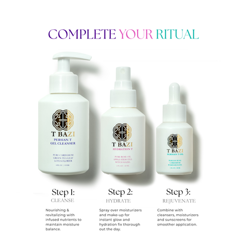 Three white skincare bottles from T Bazi are arranged on a white background under the headline 'COMPLETE YOUR RITUAL' with step labels below: Step 1 Cleanse, Step 2 Hydrate, and Step 3 Rejuvenate.
