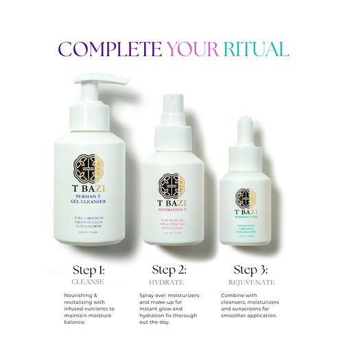 Three white skincare bottles from T BAZI arranged on a white background under the headline 'COMPLETE YOUR RITUAL,' with text labels below identifying Step 1: Cleanse, Step 2: Hydrate, and Step 3: Rejuvenate.